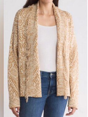 Lucky Brand Beige and cream Fringed Open Front Sweater Cardigan